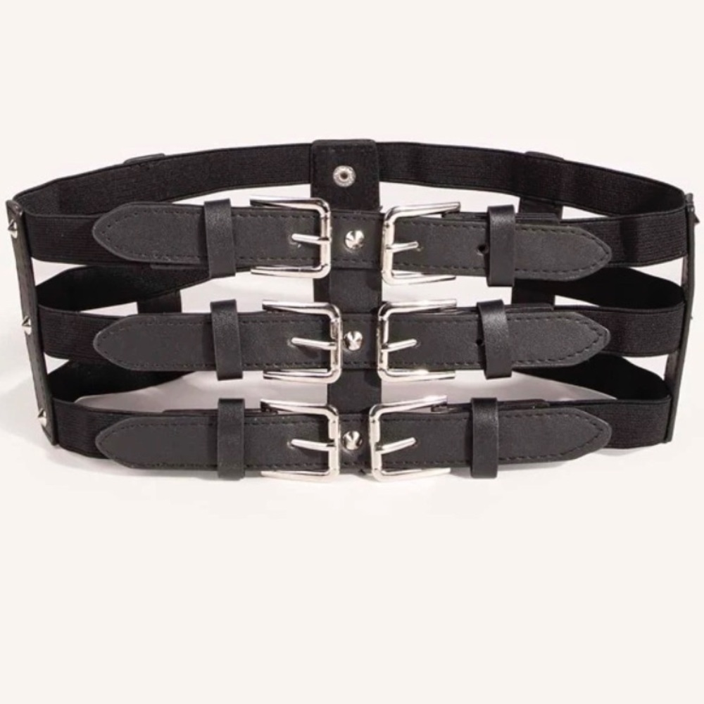 Black Veg Leather 6 Silver Buckle Cinch Cage Belt